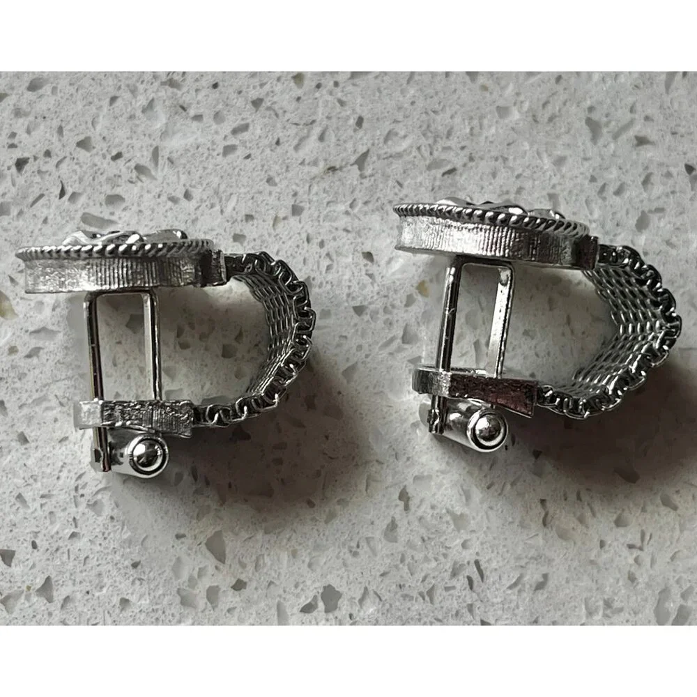 Vintage Swank Silver-Tone Oval Wishbone Cufflinks Rhinestone Accent